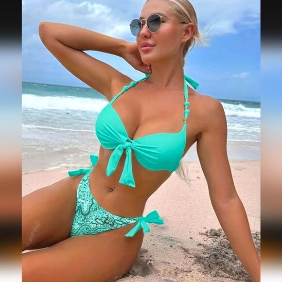 Womens High Waisted Turquoise Bikini Set. Size L - Picture 1 of 4